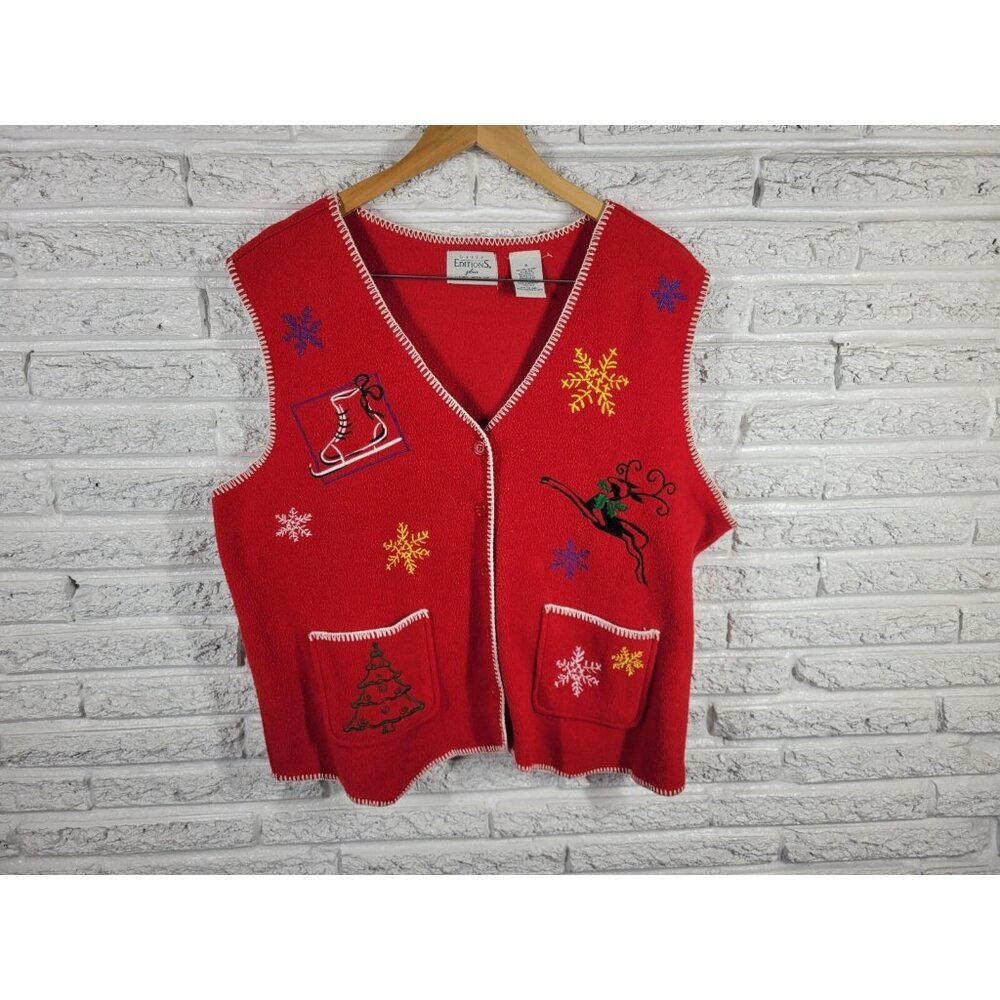 Basic Editions Women's 1X Plus Red Fleece Vest Christmas Embroidered NOV172E
